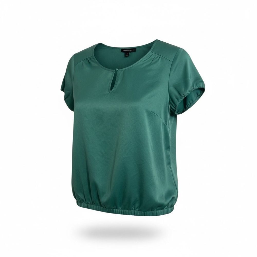The Limited Elastic Waist Satin Crew Neck Keyhole Short Sleeve Blouse Green XS‎